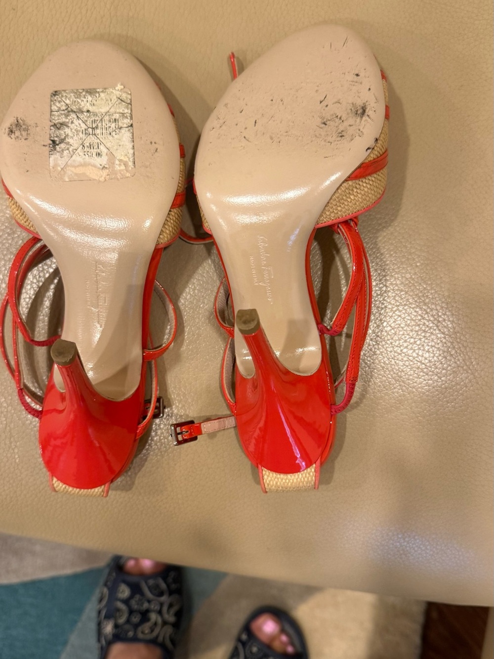 Salvatore Ferragamo Red Patent & Natural Woven Strappy Heels - Picture 5 of 8